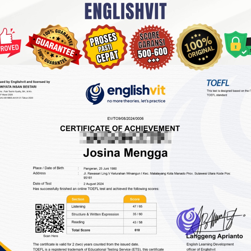 

Eksklusif CERTIFICATE TOEFL ENGLISHVIT RESMI TEKNIS ON