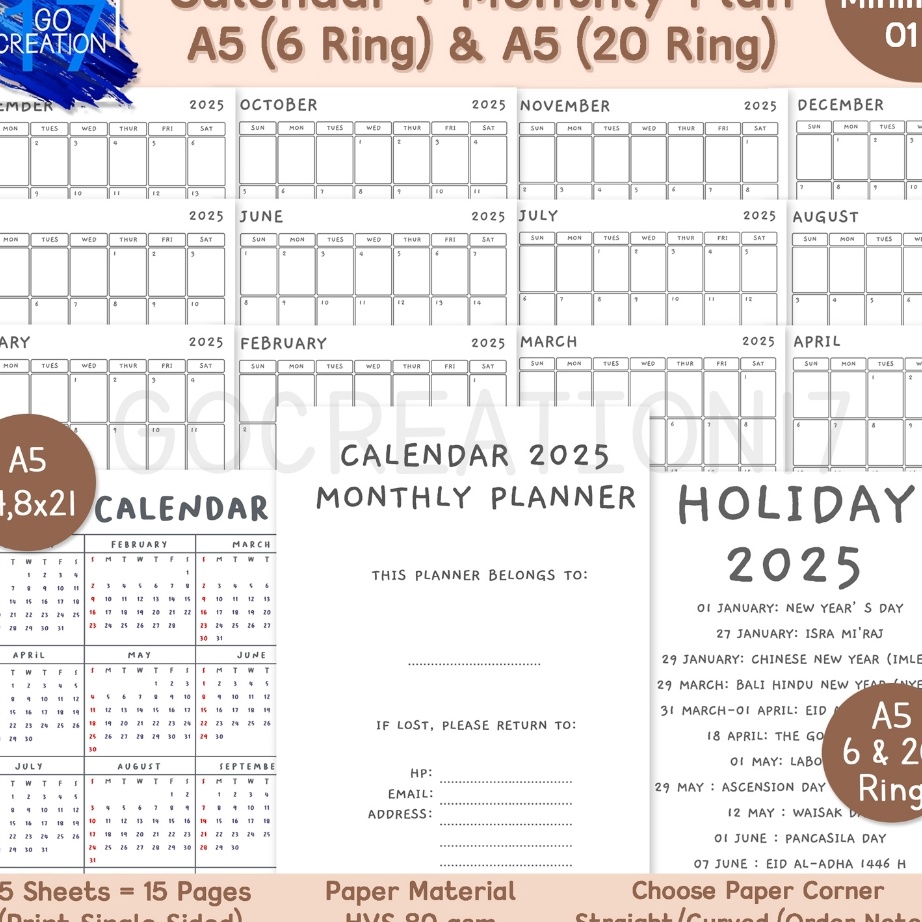 

FG2 Buku Planner Kes Binder Monthly Plan dan Calendar 225 Kalendar 224 Simple Mmalis A5