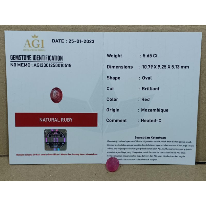 ASLI NATURAL BATU LOSTONE RUBY 'PIGEON ' BERSERTIFIKAT