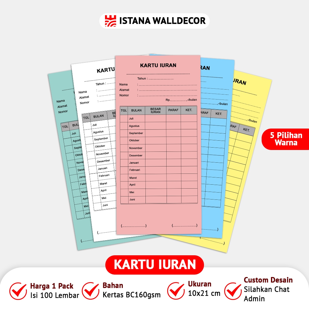 (100 Pcs) Kartu Iuran / Kartu Iuran Warga / Kartu Iuran Bulanan /  Kartu Iuran Sekolah Isi 100 Lemba