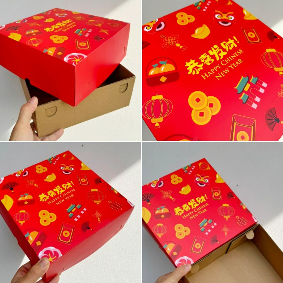 

1 Pack Isi 5 Pcs Box Duplex Kotak Hampers Kue Lapis Imlek Motif Chinese New Year Ukuran 25x25x10 cm