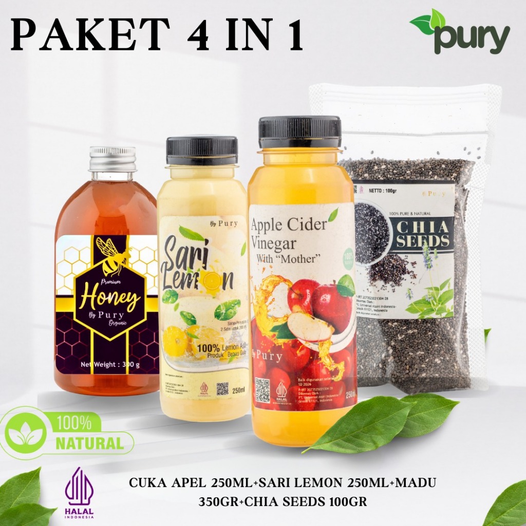 

Pury - Paket Diet Glow 4in1 - Sari Lemon - Cuka Apel - Madu Asli - Chiaseed