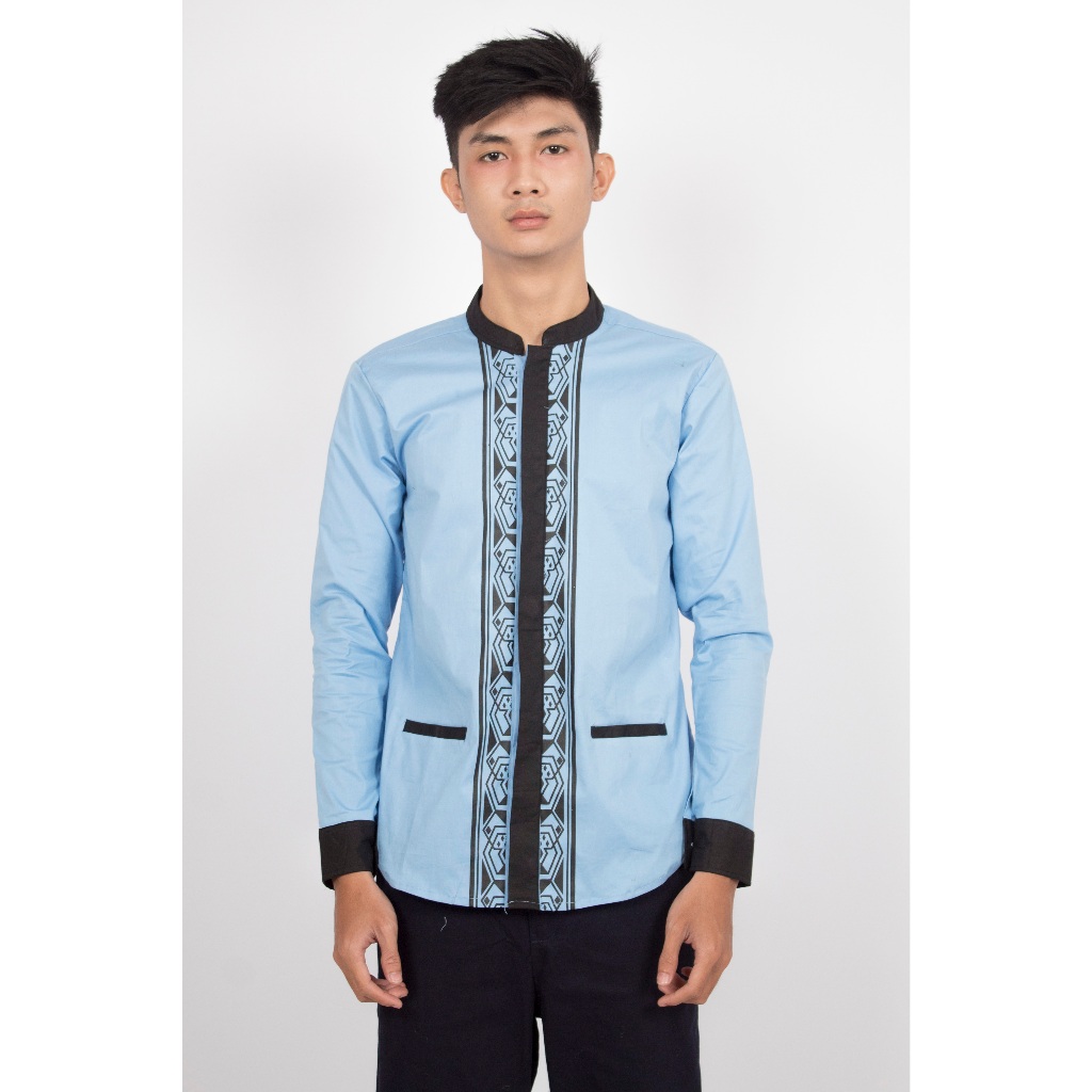 FortKlass Ryan Kemeja Koko Pria Lengan Panjang Baju Koko Sablon Motif Kemeja Tangan Panjang Lebaran 