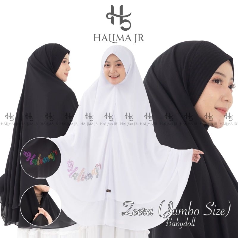 HALIMA _ KHIMAR ZEERA SIZE JUMBO / JILBAB UMROH DAN HAJI / KHIMAR SYARI CERUTY BABYDOLL HITAM DAN PU