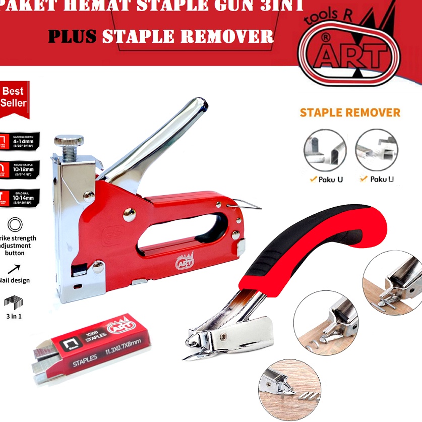 

Serbu Grosir PAKET HEMAT ART Staple Gun 414mm 3IN1 Staple Gun Trecker 3 in 1 Staples Staple Gun Tembak PLUS ART Stapler Remover Pembuka Pelepas Steples Nail Pulling Tools Alat Pembuka Pencabut Isi Staples