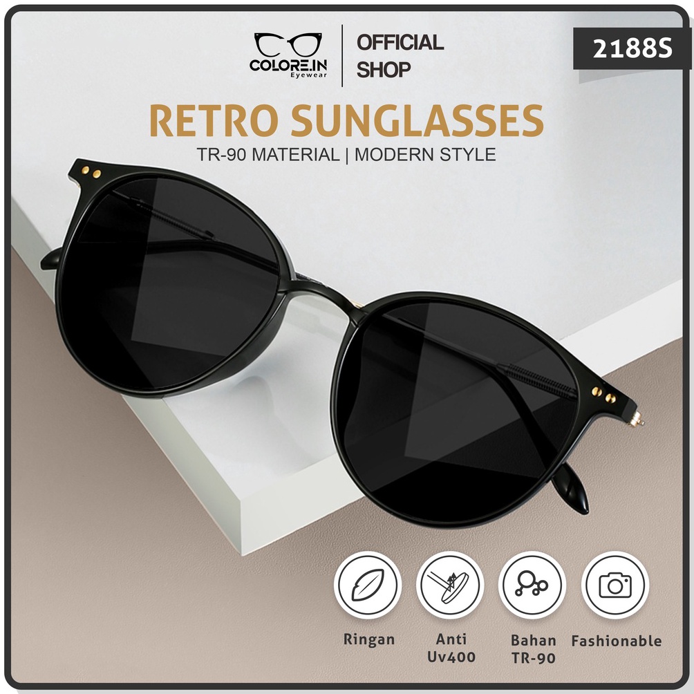 KODE L72B Colorein Kacamata Hitam Sunglasses UV4 Pria Wanita Bulat Retro Style Bisa MinusPlus 2188S