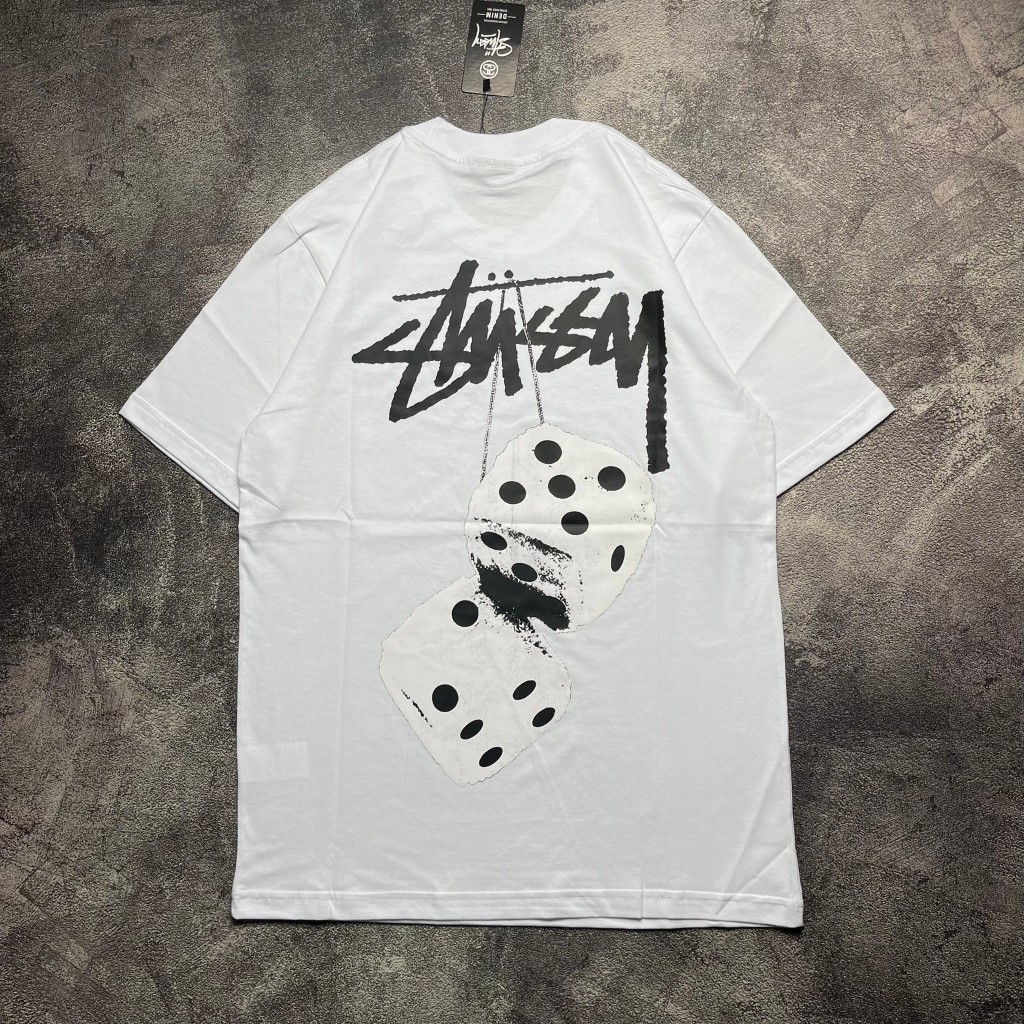 STUSSY Fuzzy Dice SS22 White Kaos Pria Wanita Branded Full Tag Label