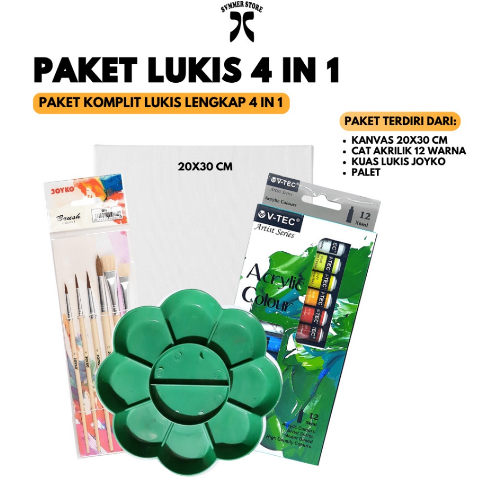 

KODE T16S Paket Lukis Sekolah 4 IN 1 Kanvas 2X3 Cat Akrilik Palet Kuas Set Svmmerink