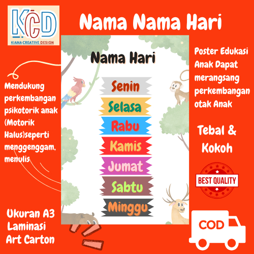 Kiana Creative Produser Poster Anak Edukasi Belajar Nama Nama Hari A3 Bahan Tebal dan Kuat