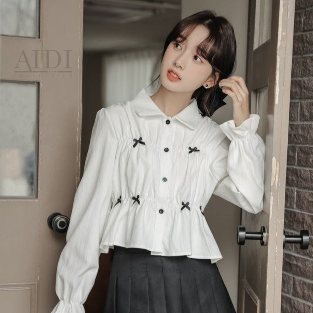 BAJU BLOUSE KOREA TANGAN PANJANG WANITA / CLEA / BAJU STYLE KOREA PITA KERUT WANITA / BAJU KOREA LUC