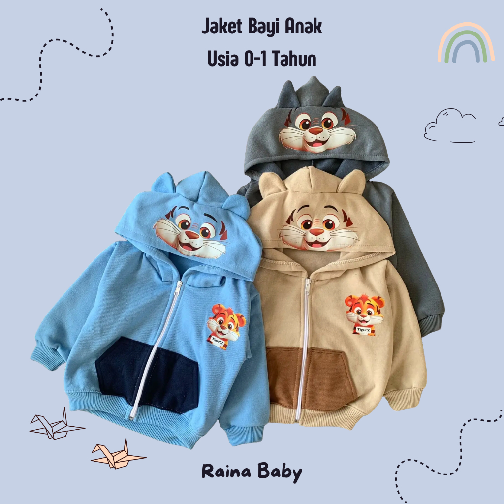 Jaket Bayi Anak Tiger Z Usia 0-1 Tahun Pakai Hoodie Saku Bahan Lembut Jaket Anak Karakter Hewan