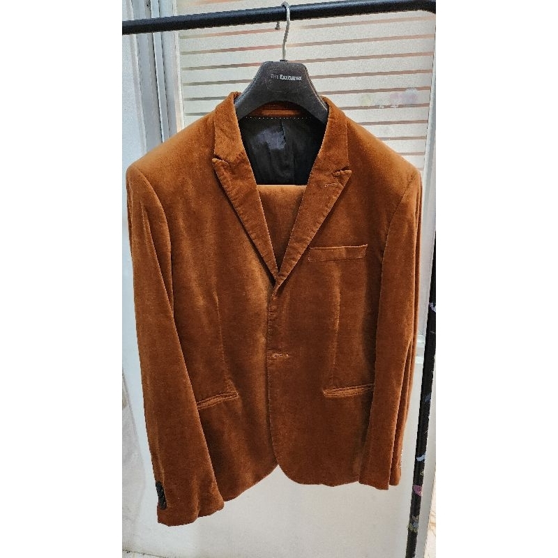 SECOND • Setelan Jas Celana Panjang Pria H&M Skinny Fit Warna Coklat Bludru Size EUR 46 Jas MC Forma