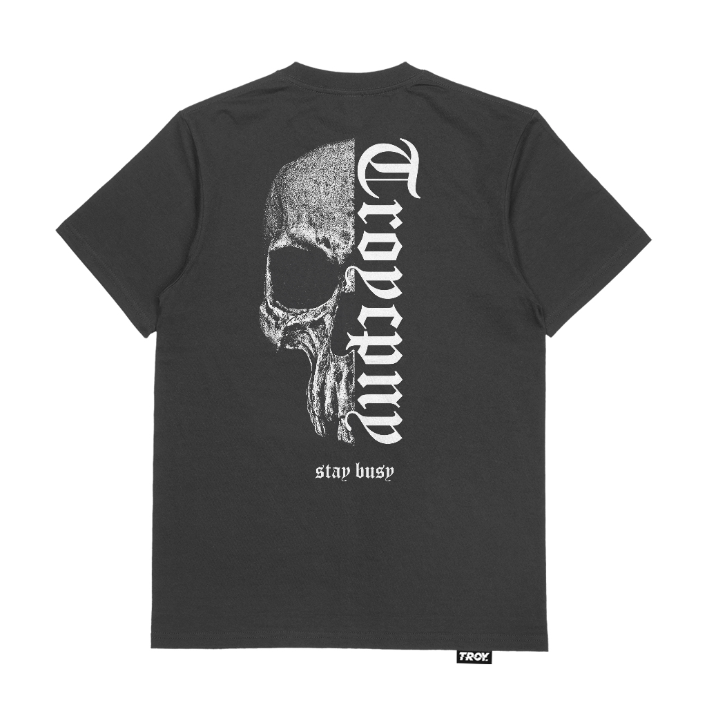 Troy Company T-shirt Dark Grey Half of Skull - Kaos Lengan Pendek Kaos Abu Gelap MTD 2792