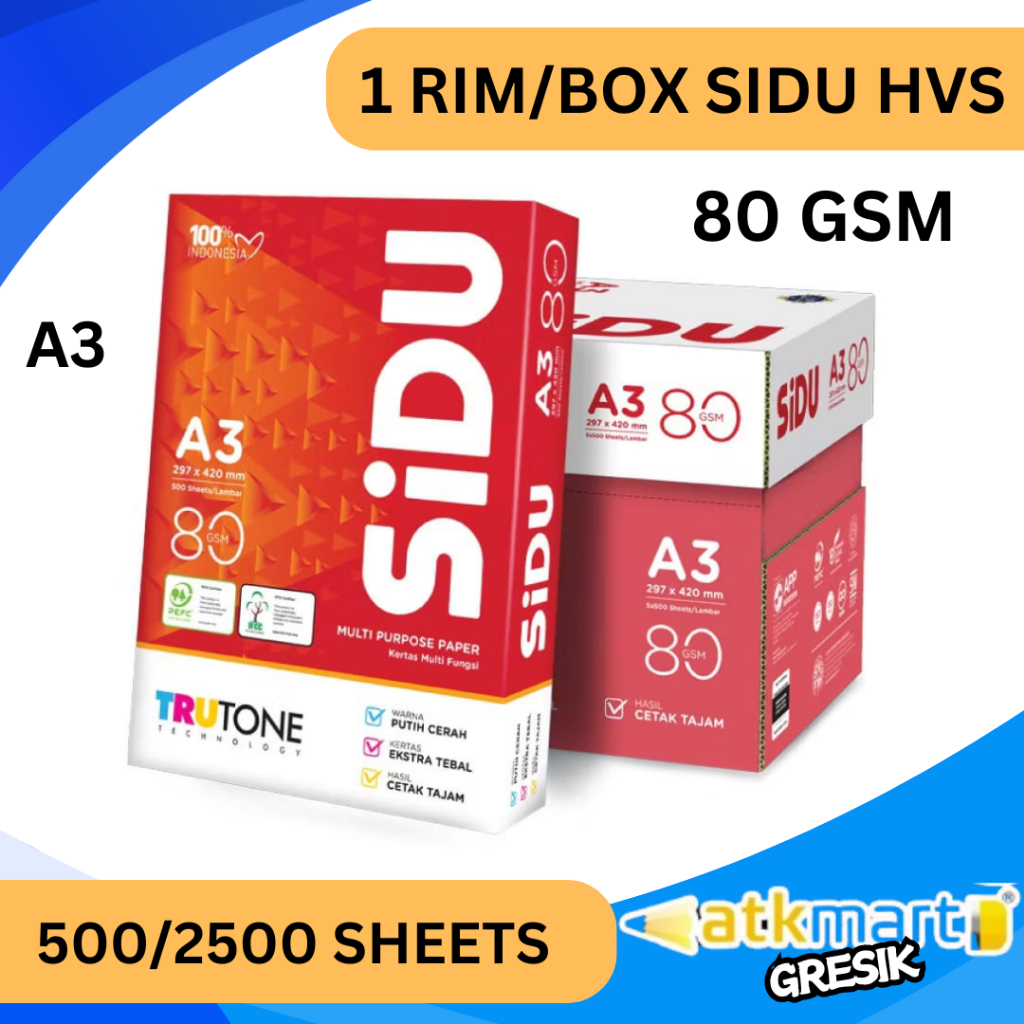 

Kertas HVS A3 SIDU 80 GSM Kertas Print Fotocopy Putih Bersih Tebal