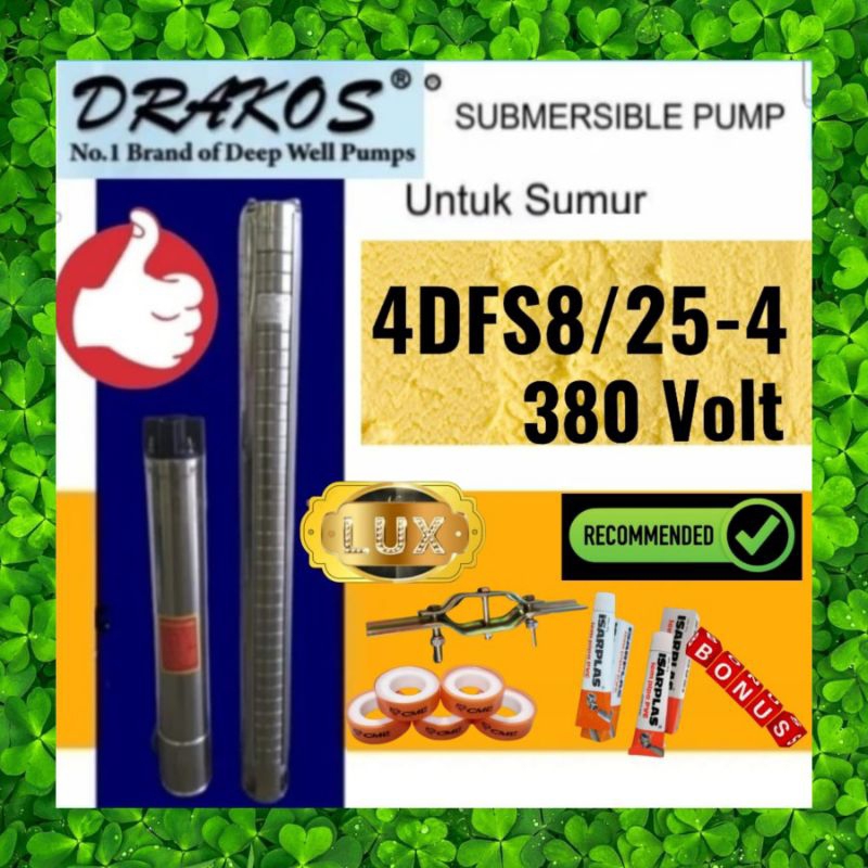 Pompa satelit STAINLESS 4inch DRAKOS 5.5Hp/4kw/3phase Debit 8 Kubik/jam submersible 380v setara york
