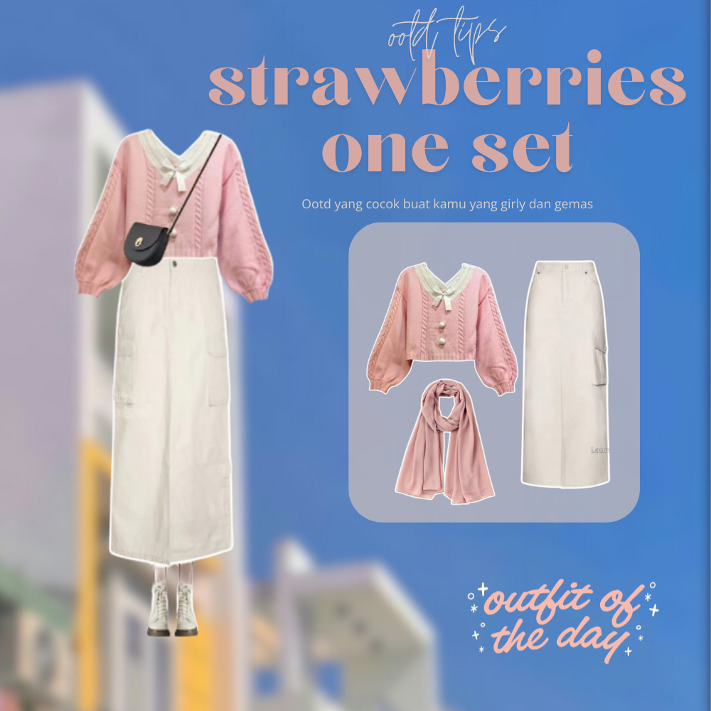 OOTD STRAWBERRIES 3IN1 ONE SET KOREAN STYLE SET BAJU MUSLIM REMAJA SETELAN WANITA