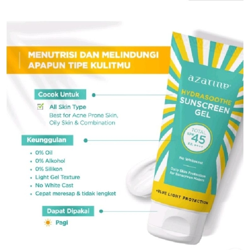 [Size 50ml] Azarine Hydrasoothe Sunscreen Gel SPF 45 PA++++ 50ml | Sunscreen Azarine Hydrasoothe SPF