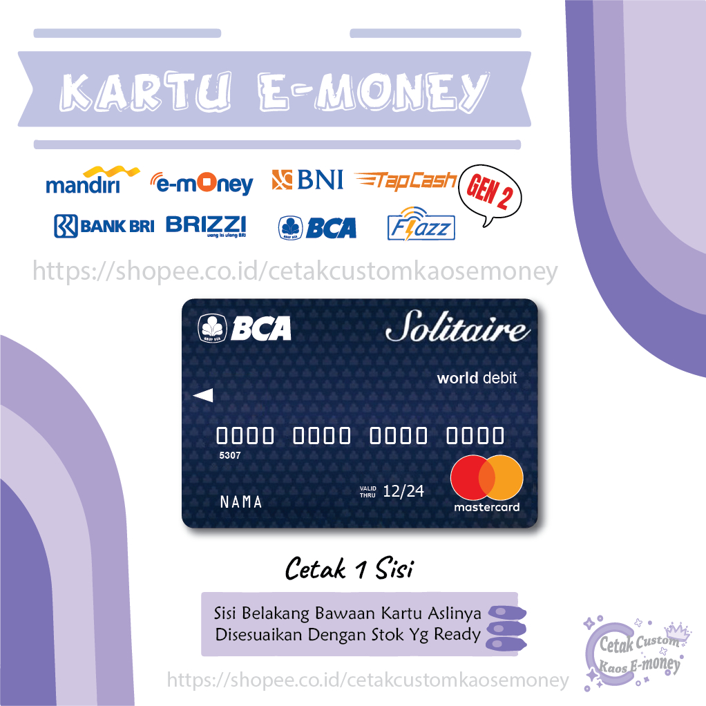 KARTU E MONEY E TOLL KARTU DESIGN SOLITAIRE MASTERCARD WORD EMONEY MANDIRI BCA BNI BRI - 1 SISI