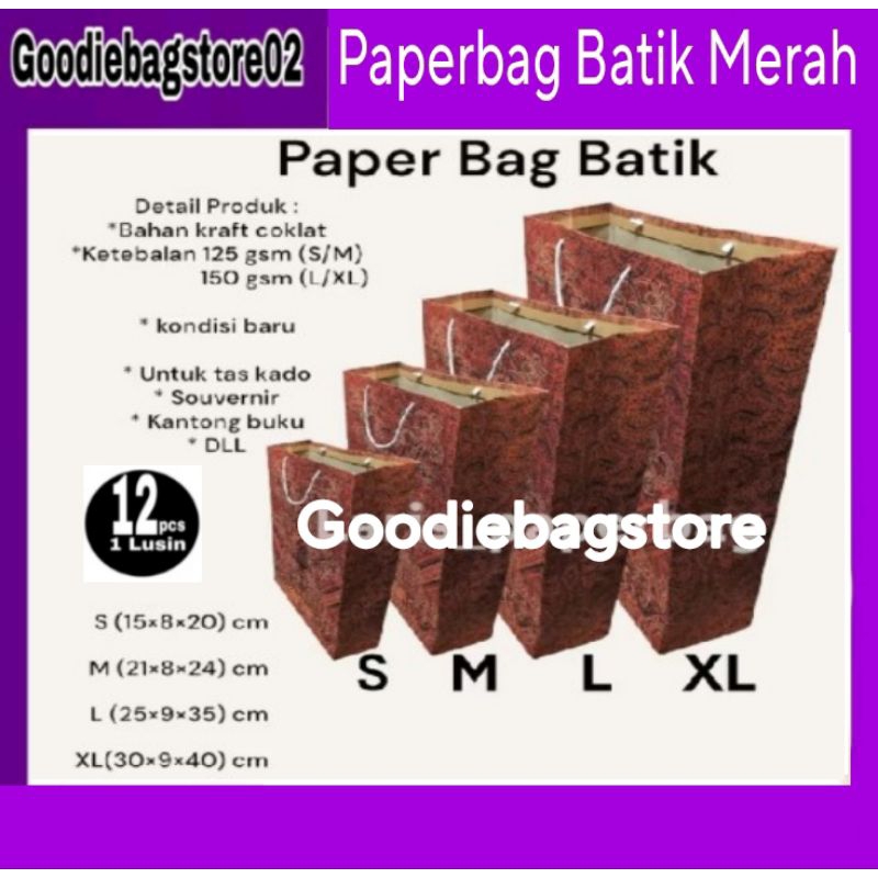 

1 Lusin Paperbag Batik Merah S,M,L,XL Souvenir,Seminar,Ulangtahun,Pernikahan,Belanja,Sembako,Tas,Kantong