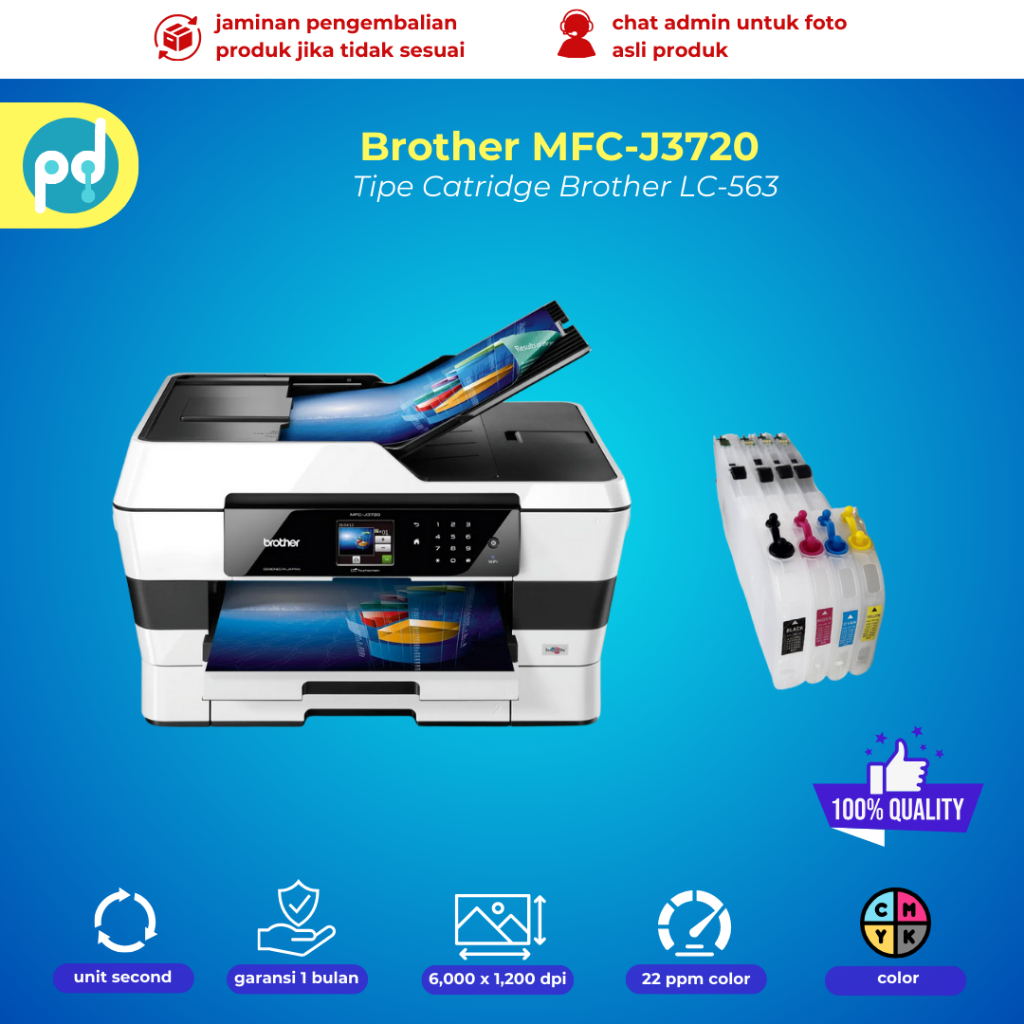 Printer Brother MFC J3720 all in one A3 warna siap pakai plus tinta