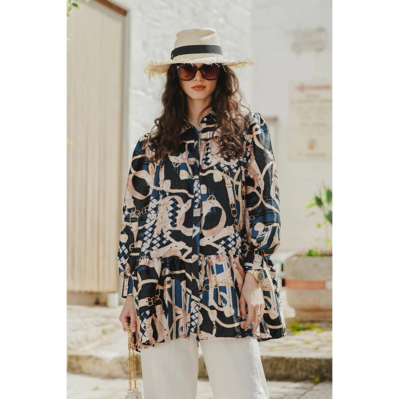 The Chain La Bella Satin Shirt with Gathers Benang Jarum - Black