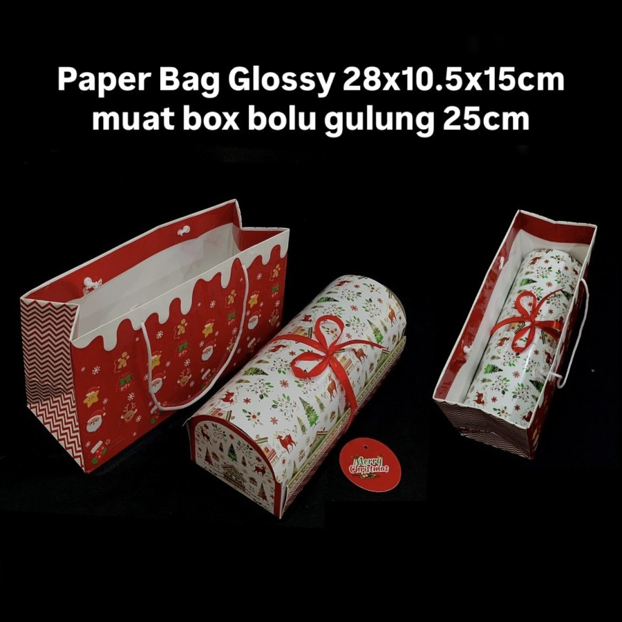 

( 5 pcs ) Paperbag Natal Hampers Roll Cake Tas Kado Christmas 28x10x15 cm Muat 3 Toples Tabung
