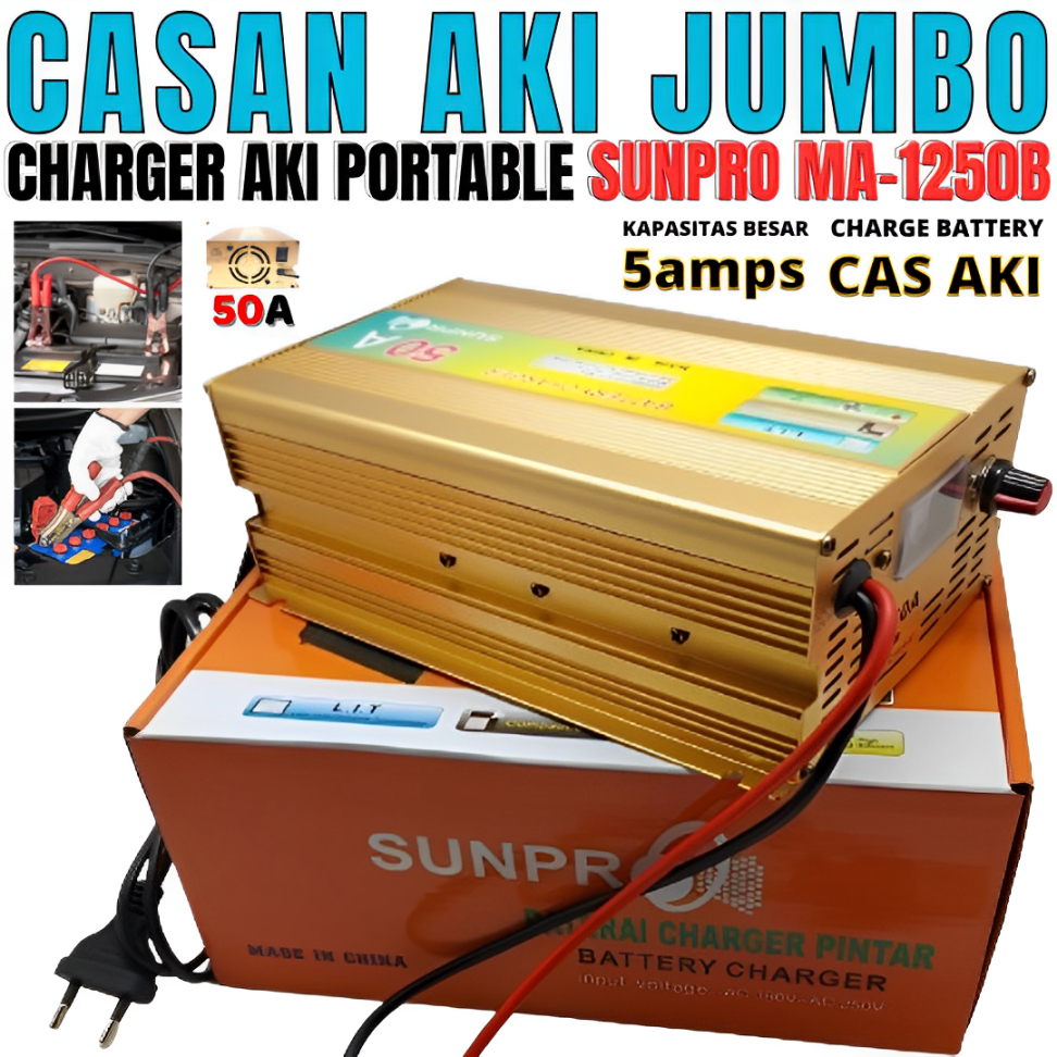 Charger Aki/Cas Aki Mobil Motor MA 1250B - DC 12V 50A Plus Protection SUNPRO 50 Amp - Battry Charger