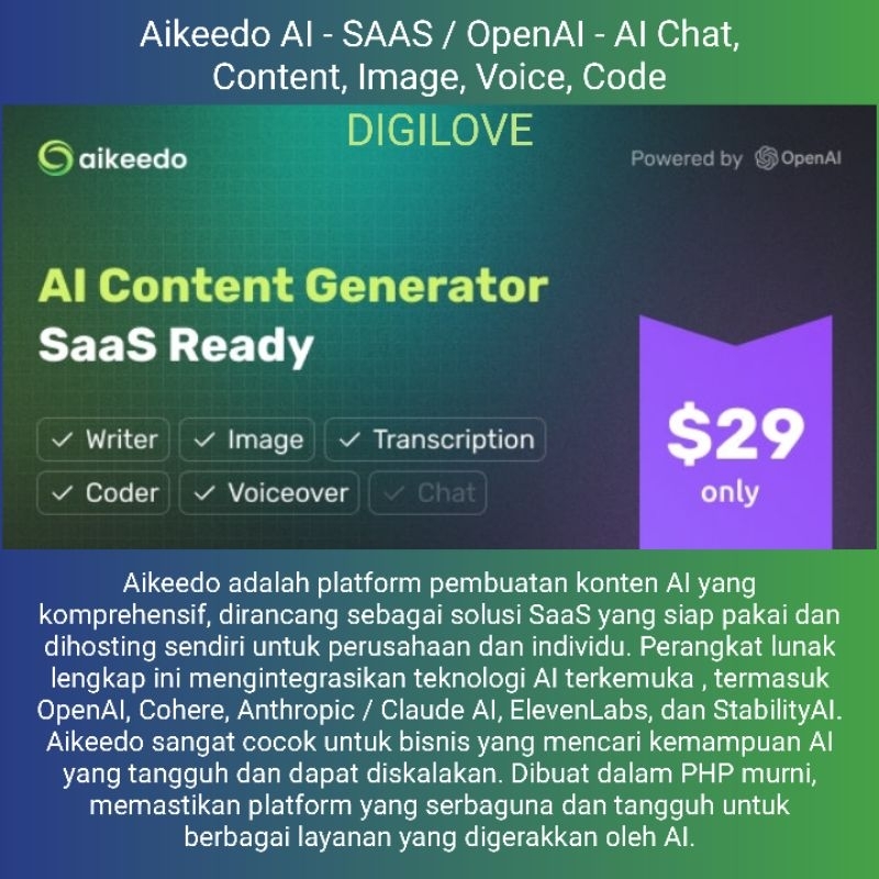 Aikeedo AI - SAAS / OpenAI - AI Chat, Content, Image, Voice, Code