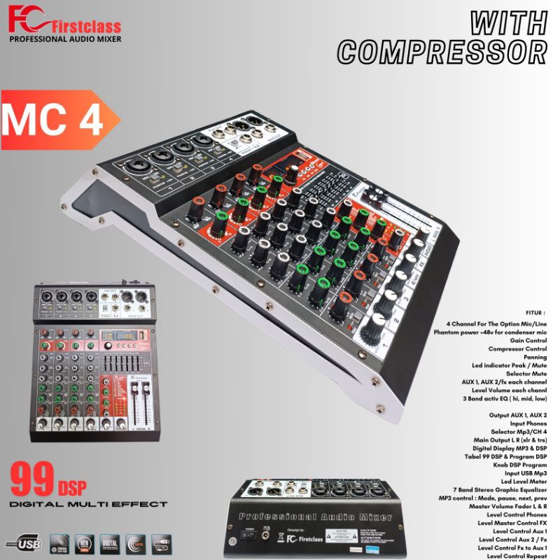 Professional Audio Mixer Firstclass 4 Channel With Compressor MC 4 | Mixer 4 Channel Dengan Compress