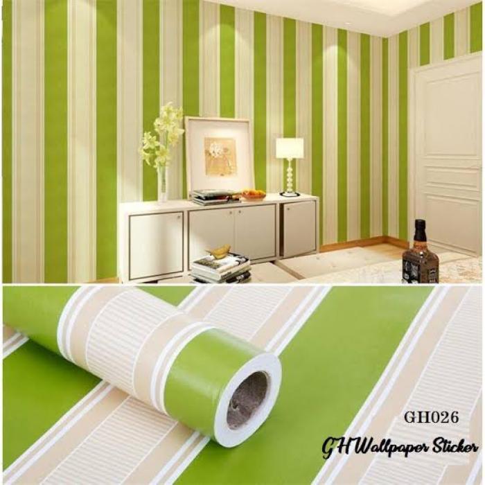 Wallpaper Dinding Motif Salur Hijau Ukuran 45cm x 10 meter aesthetic motif elegan Premium timbul vin