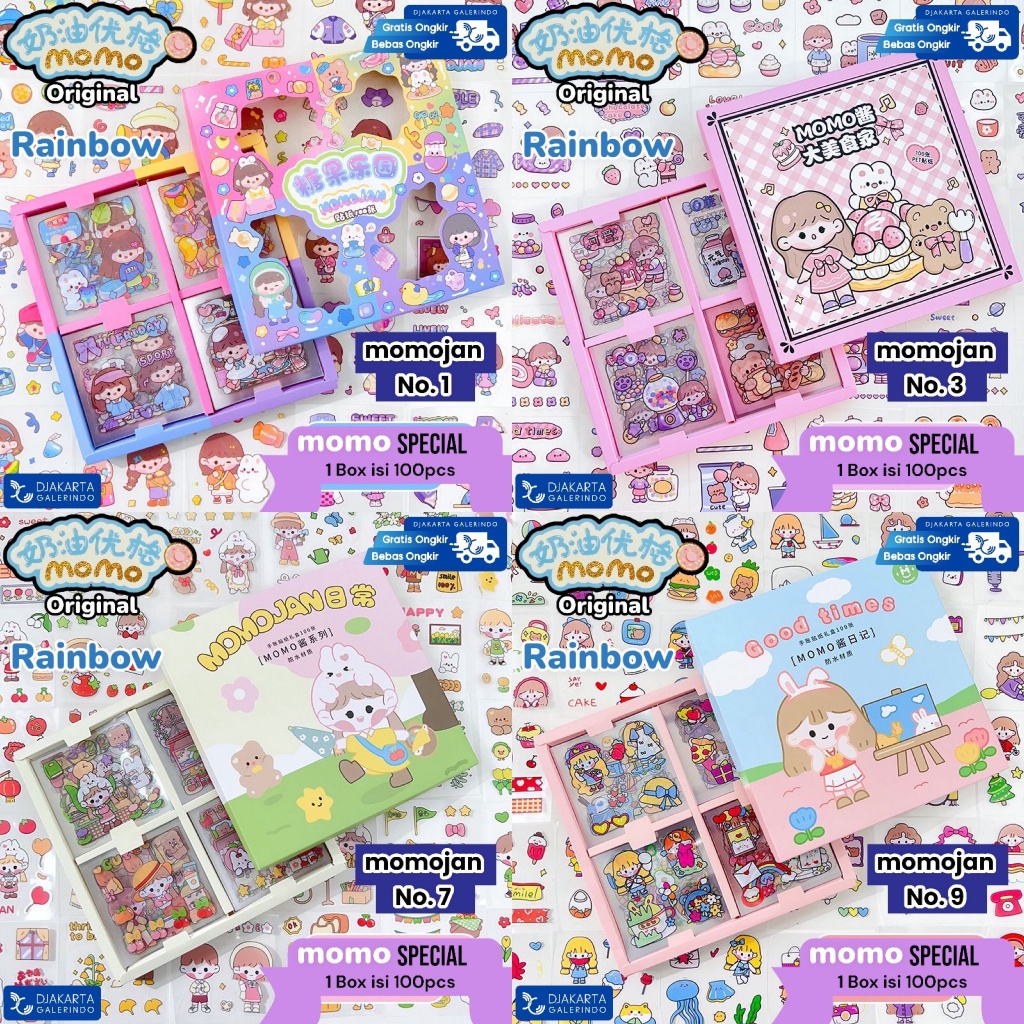 

Potongan 15 Sticker MOMOJAN MOMO Special Rainbow Mix Warna Original waterproof Stiker Kartun Korea Anti Air Original isi 1pcs A119