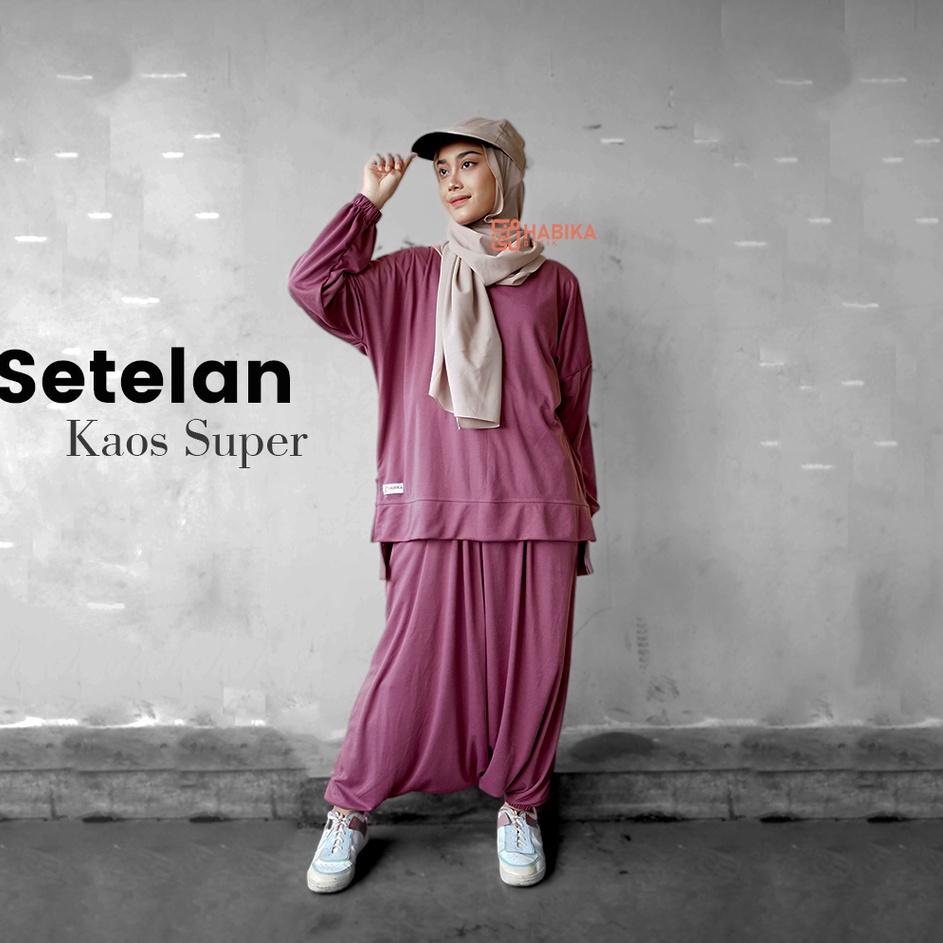 Super Obral  Setelan Kaos Olahraga wanita kaosrok celana 1 set Lengan Panjang syari bahan double sup