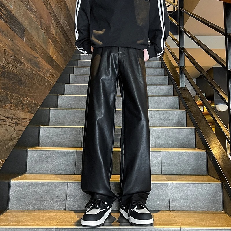 MOFU - Celana Kulit Sintetis Pria Oversize Panjang Hitam PU Leather Pants Loose Straight Wide Korean