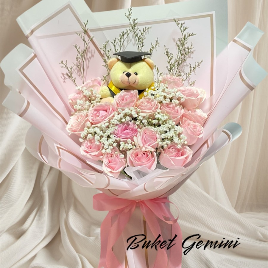 Buket Bunga Mawar Pink Asli Boneka Wisuda, Buket Bunga Mawar Merah Asli Boneka Wisuda, Buket Bunga S