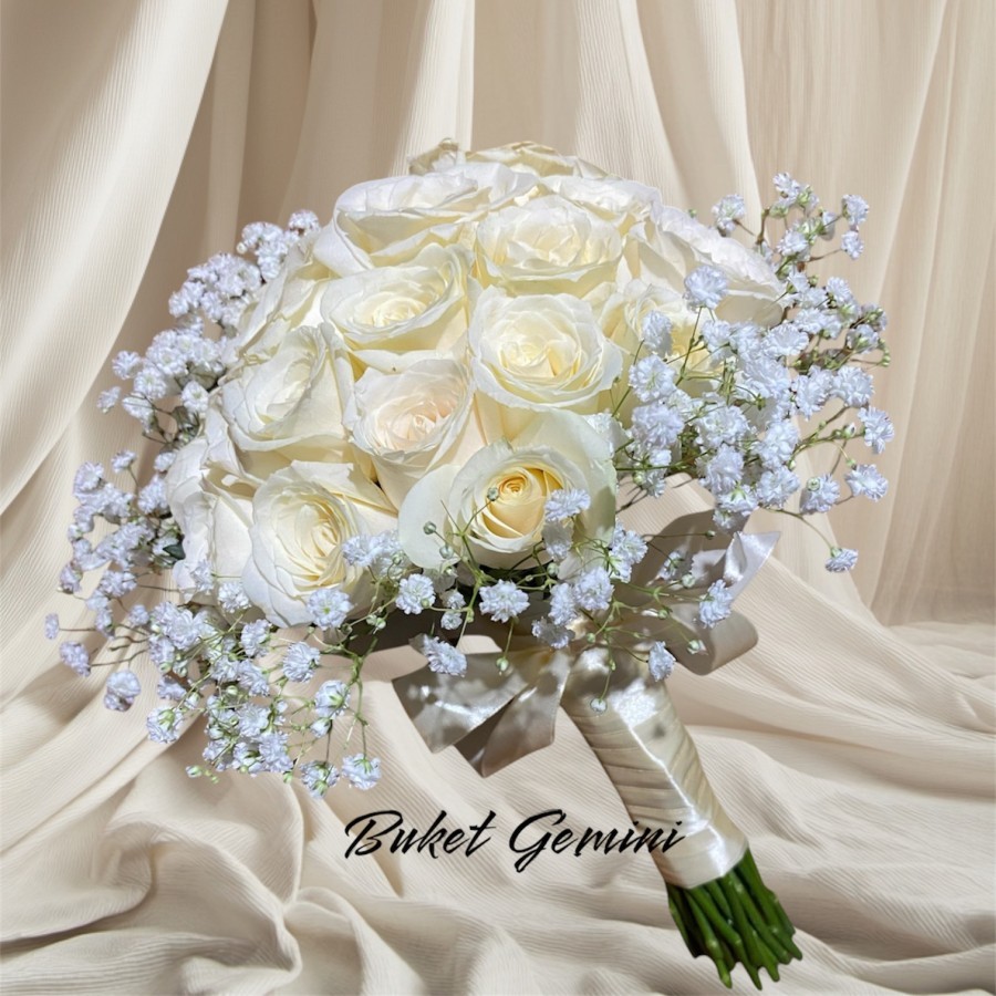 Buket Bunga Mawar Putih Baby Breath Fresh, Buket Pernikahan, Buket Lamaran, Hand Bouquet, Wedding Bo