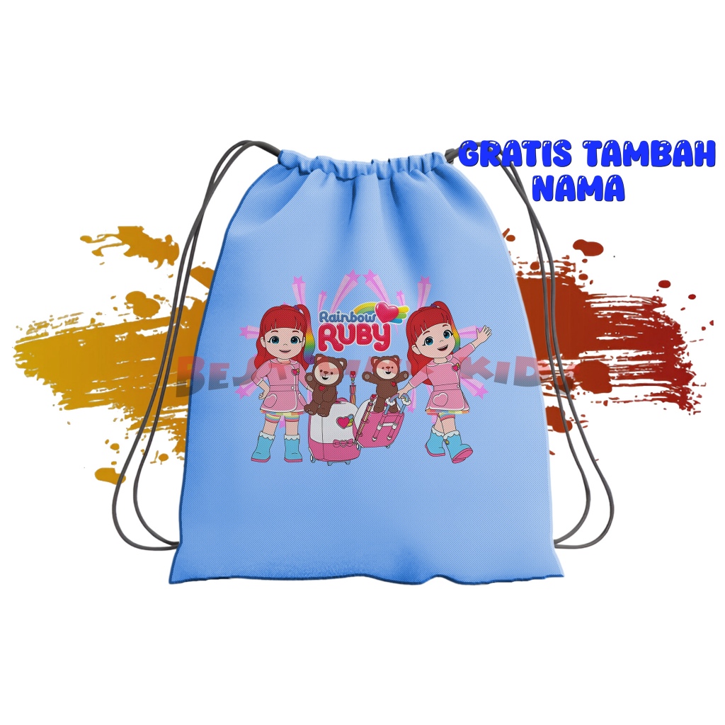 Tas Serut Anak Costum String Bag Anak Rainbow Ruby Karakter Choco dan Ruby Free Nama