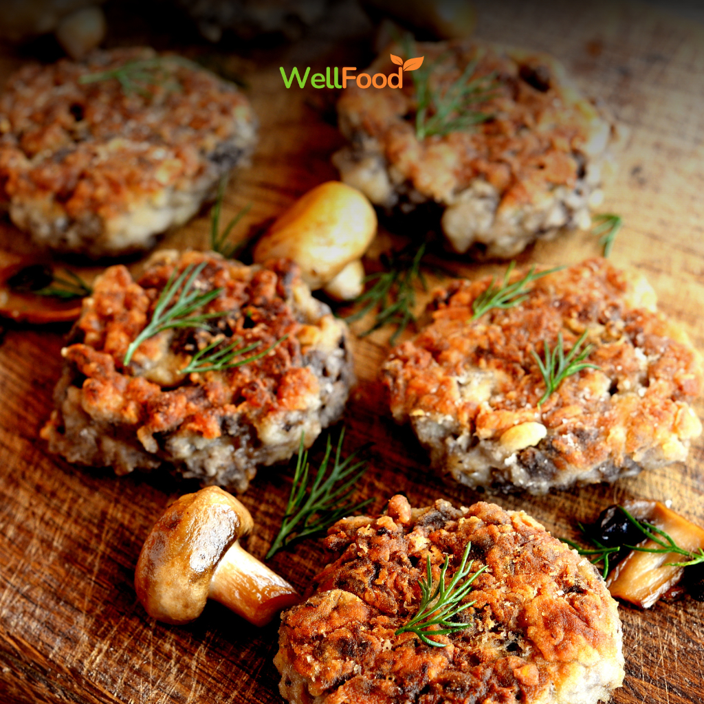 

Vegan Patty Mushroom WellFood [NON Beef]. 100% bebas daging hewani, 90% rasa mirip daging asli.