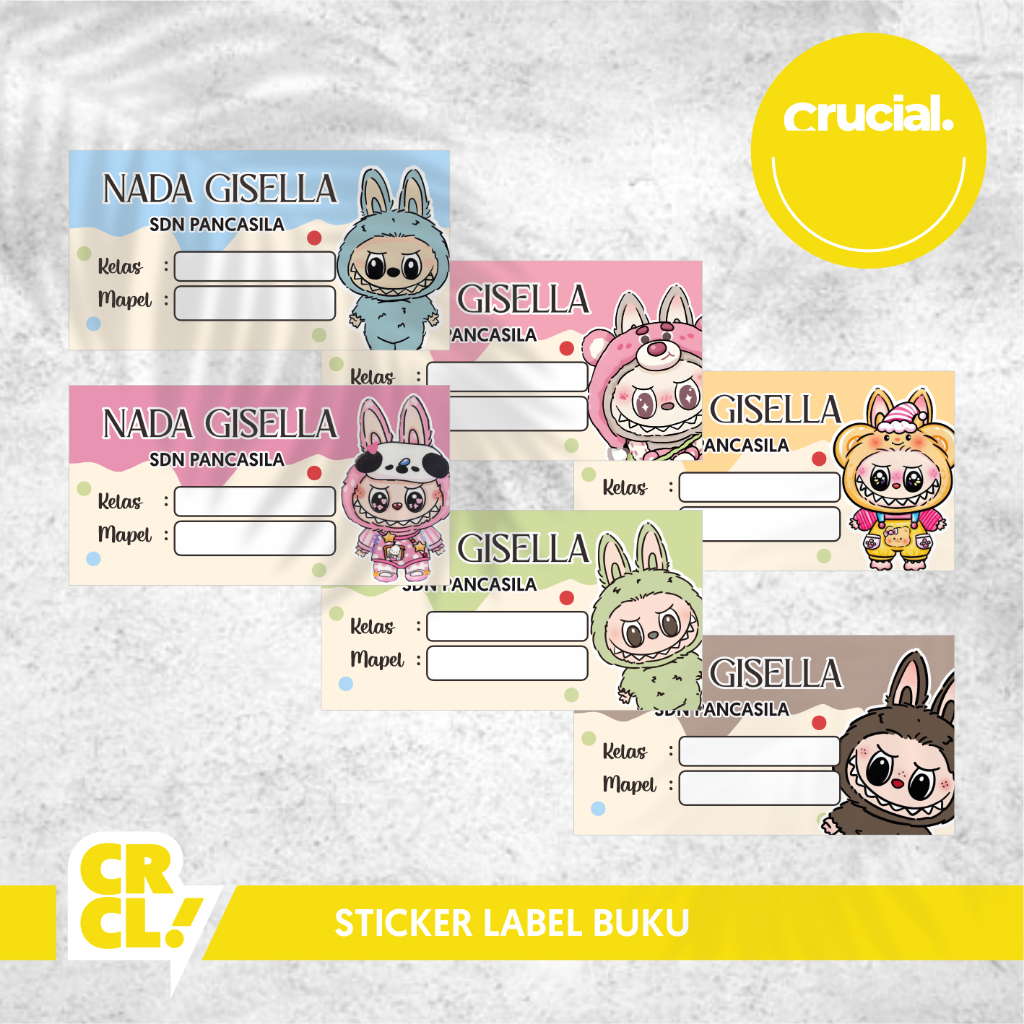 

Sticker label buku pelajaran custom Nama + Sekolah Motif Labubu