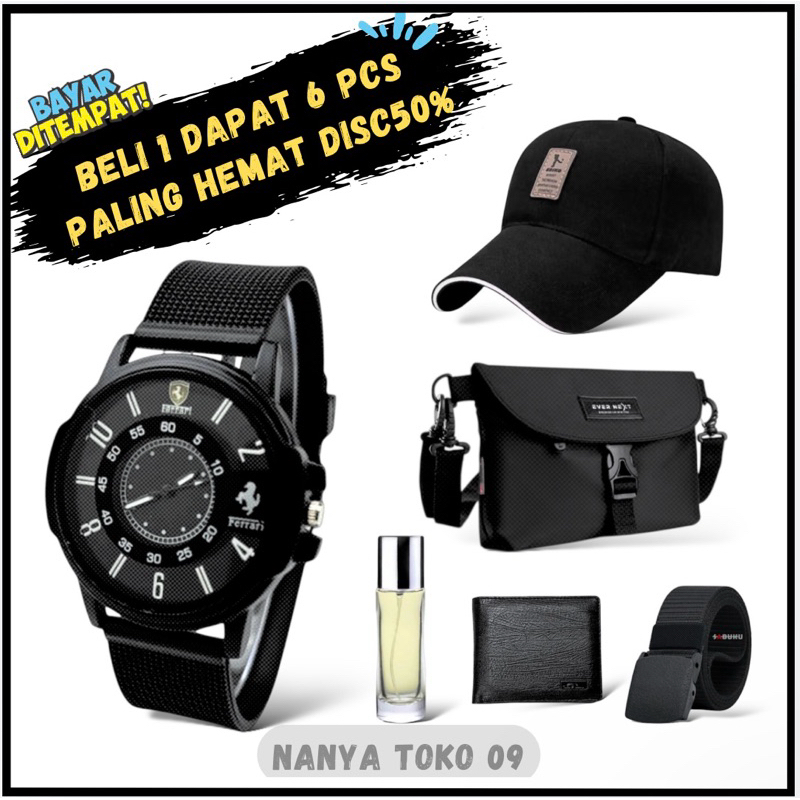 NANYA Tas Selempang Waistbag Pria 6IN1 Dapat Jam tangan+topi+Parfum+Dompet+Gesper/Hampers Pria terba