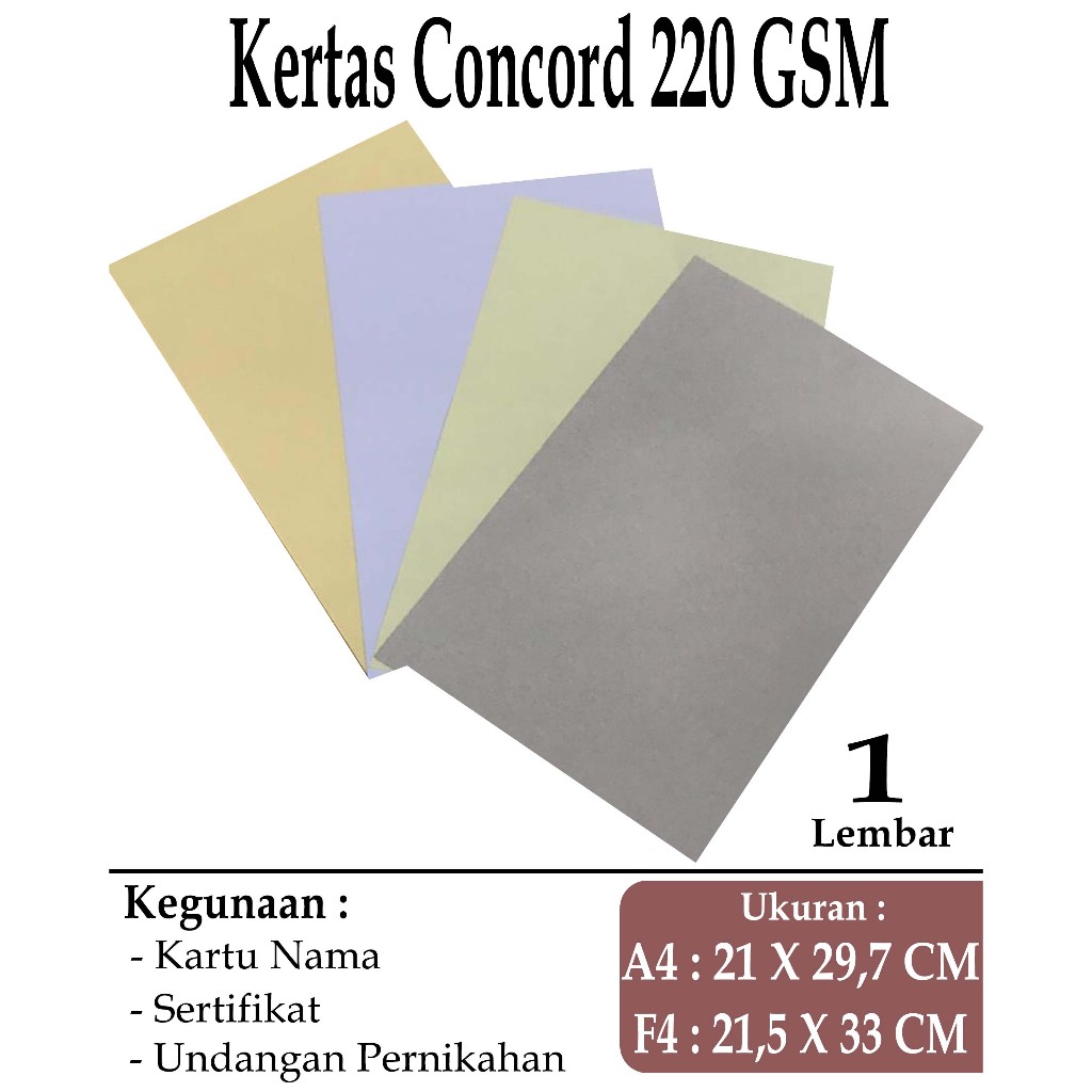 

KERTAS CONCORD 220 GSM UKURAN A4 / F4 ( WARNA KUNING , CREAM , PUTIH , ABU ABU ) 1 LEMBAR