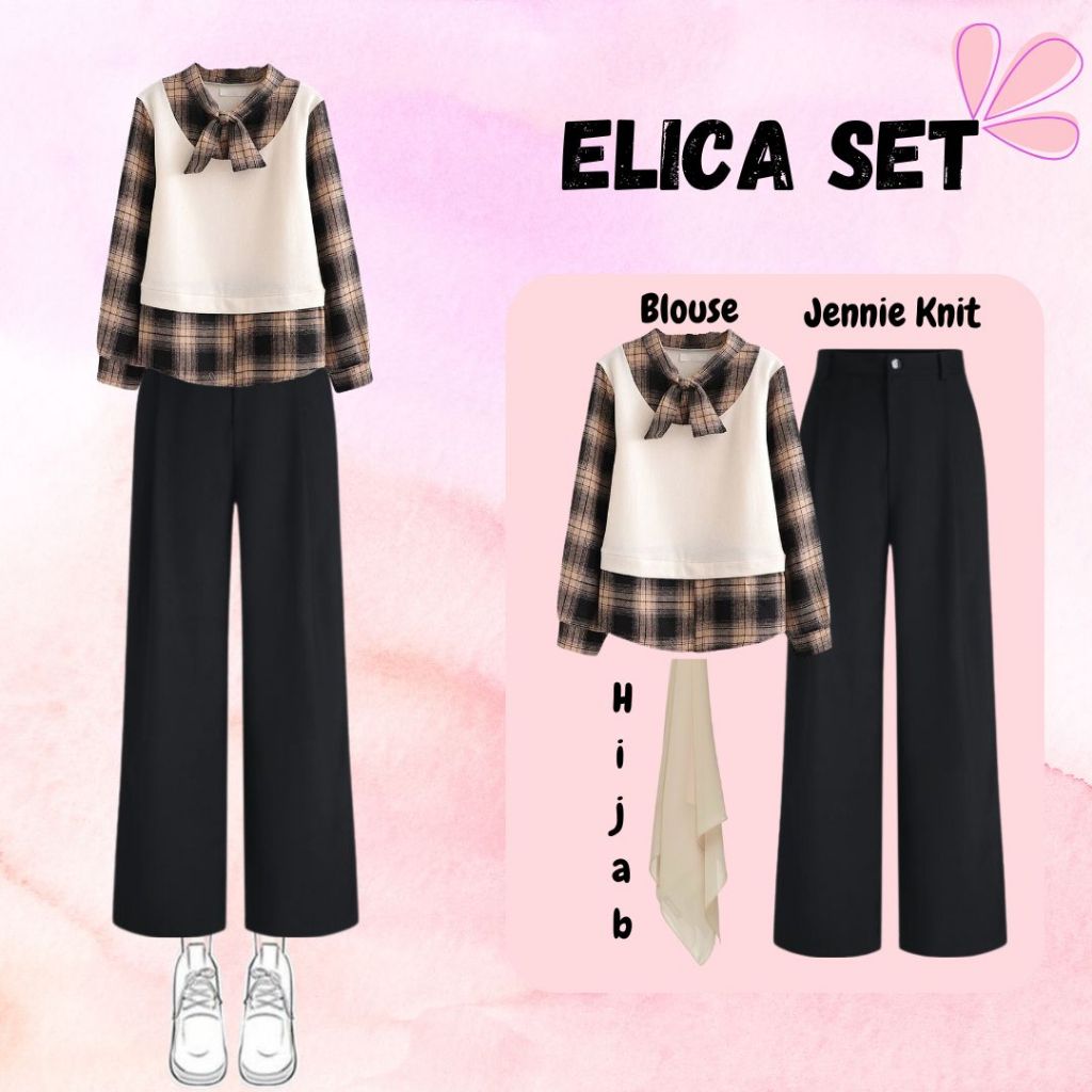 Elica Set | Outfit Style ( Blouse + Jennie Knit + Hijab ) | OOTD Korean Style