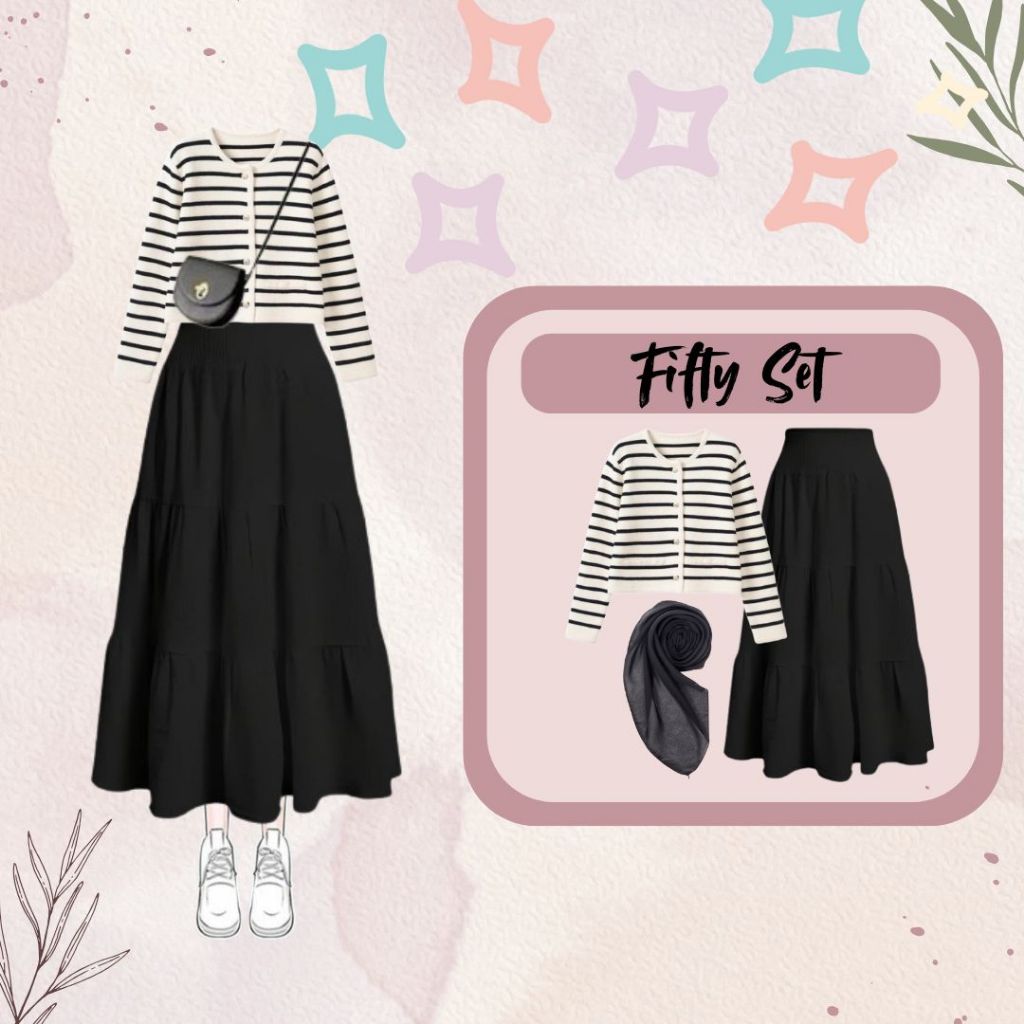 Fifty Set | One Style ( Cardigan Strip + Rok Susun + Hijab ) | OOTD Korean Hijab