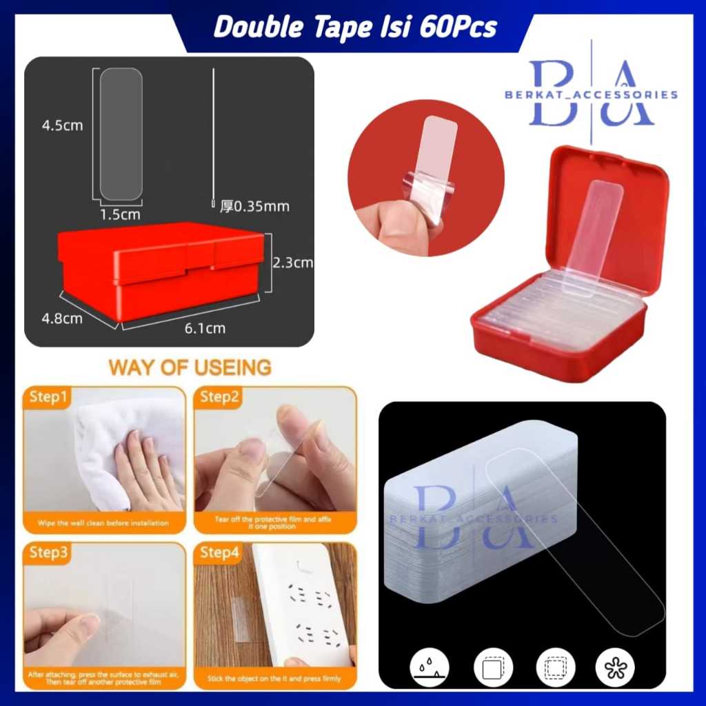 

Double Tape Isi 60Pcs Box Mini Perekat Transparan 2 Sisi Serbaguna / Lakban Mini Bening Serbaguna