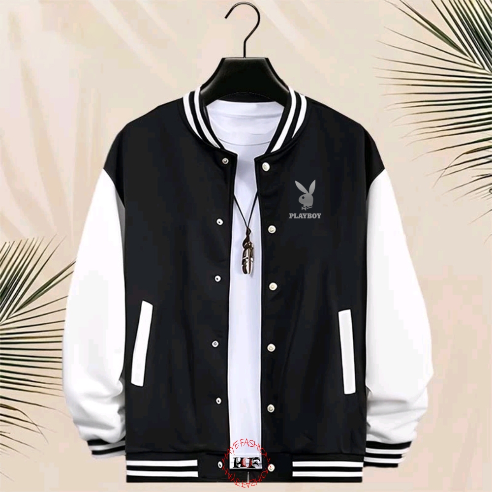 Haye Fashion - Unisex Jacket Baseball Kancing Playboy  Silver Jacket Resleting Varsity