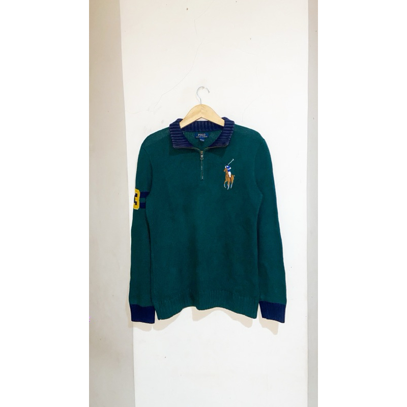 Jaket Crewneck Hoodie Quarter Zipper Half Zip Polo Ralph Lauren Knit Rajut Green Big Tricolor Logo