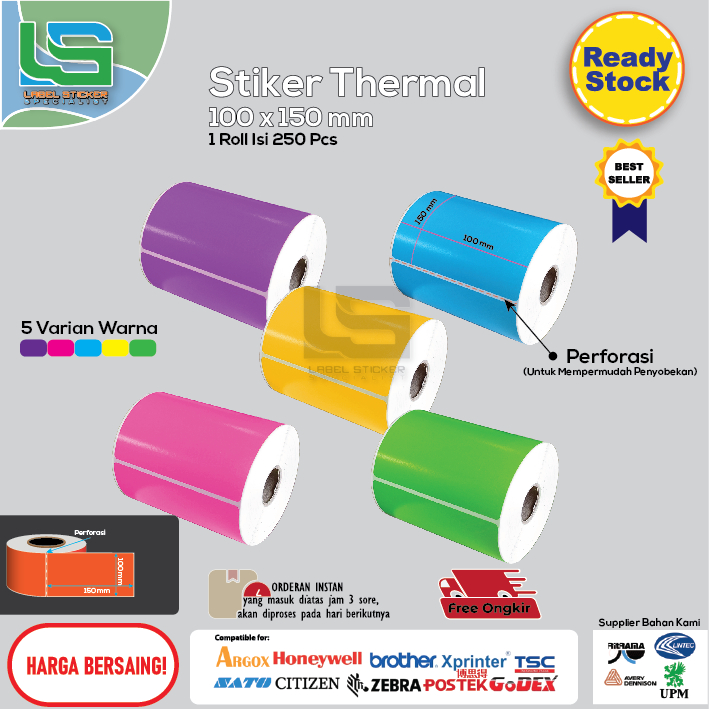 

Kertas Label Thermal 100x150 mm isi 250 Pcs/ Label thermal barcode Roll A6 Stiker Resi Warna
