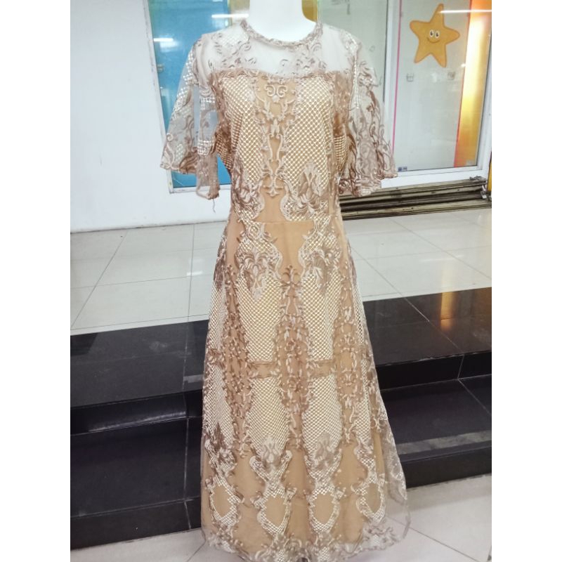 20080 20090 LONG DRESS GAUN PANJANG BAHAN FULL BROKAT MUTIARA TEBAL BAGUS MEWAH BANGET LENGAN 3/4 LU