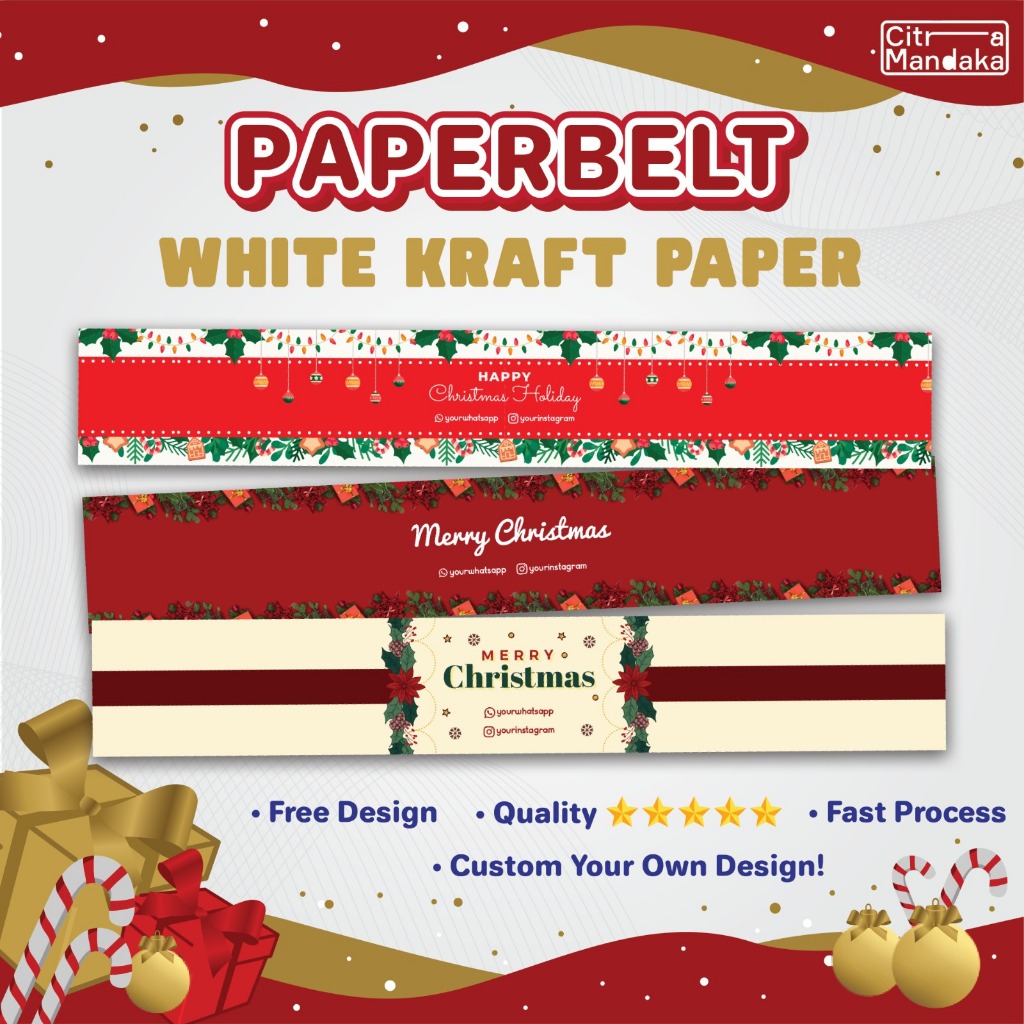 

Paper Belt Natal Christmas Custom White Kraft Premium | Packaging Sleeve Free Design | Label Hampers Natal Packaging | Paper Sleeve | Label Brand Produk Segel Box