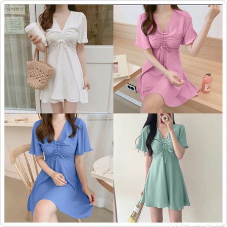 DRESS LOPPY V NECK TALI SERUT BAHAN RAYON TWILL
