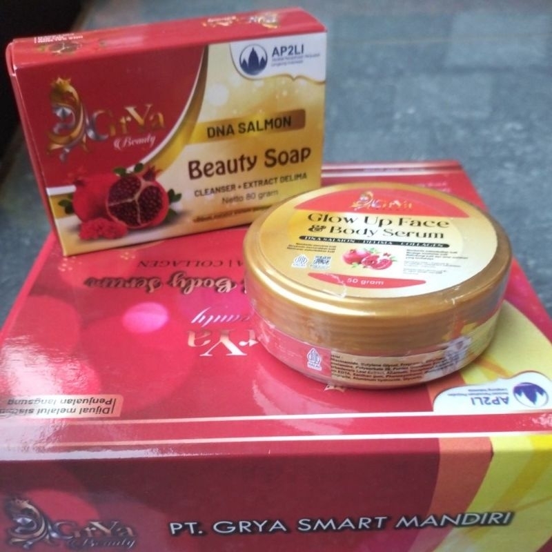 Paket skincare cream glow up body serum dan sabun cleanser Beauty soap DNA Salmon. 100% ORI dari Gry